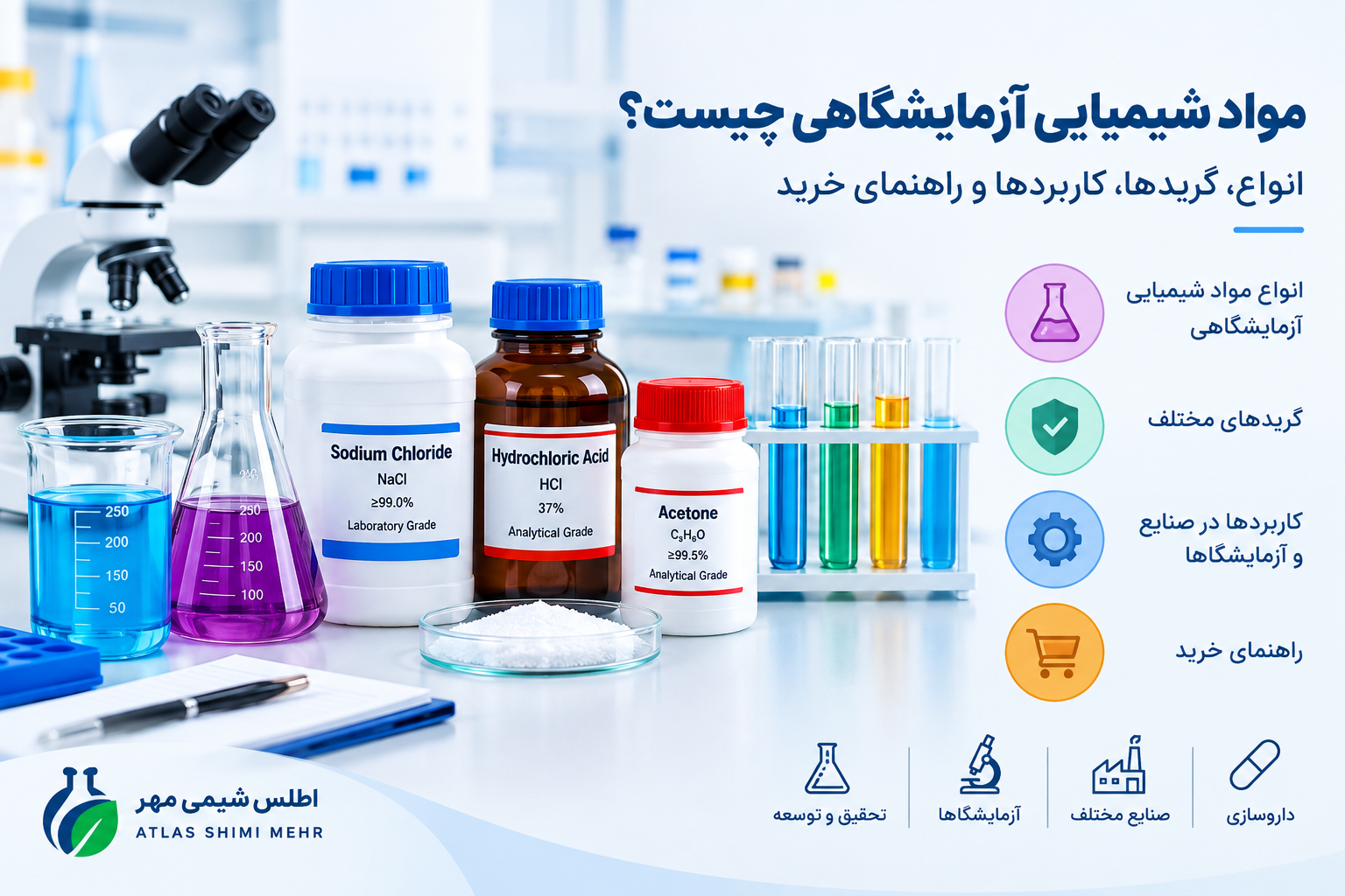 مواد شیمیایی آزمایشگاهی چیست؟ انواع، گریدها، کاربردها و راهنمای خرید